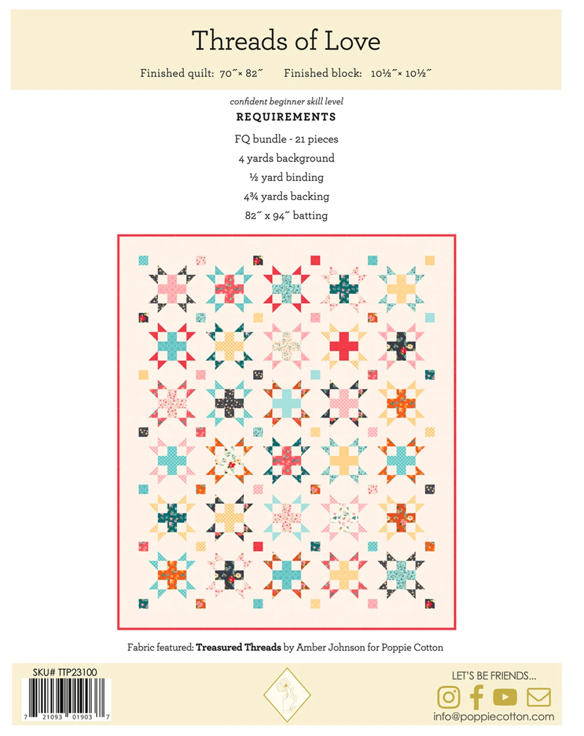 Back of the Treasured Threads Quilt Pattern by Poppie Cotton