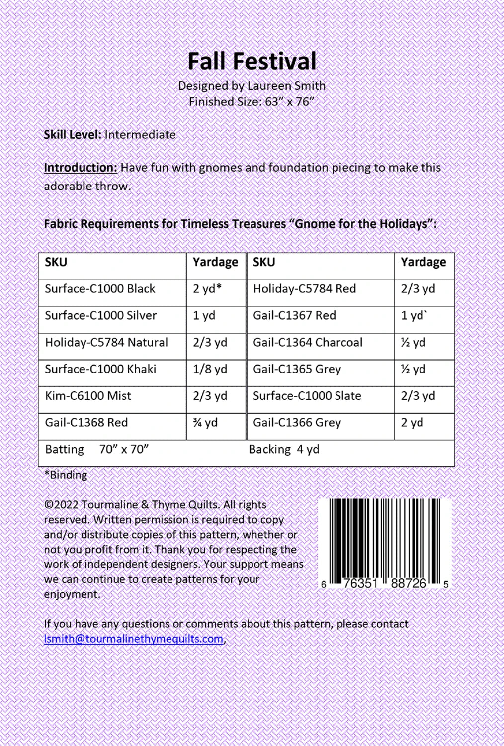 Back of the No Place Like Gnome Quilt Pattern by Tourmaline & Thyme Quilts