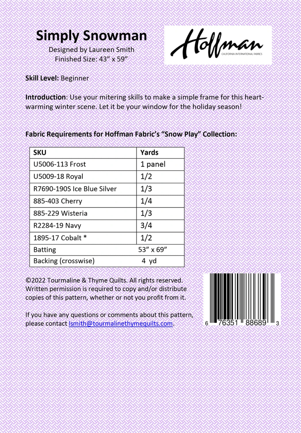 Back of the Simply Snowman Quilt Pattern by Tourmaline & Thyme Quilts