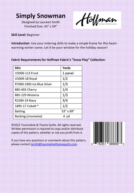 Back of the Simply Snowman Quilt Pattern by Tourmaline & Thyme Quilts