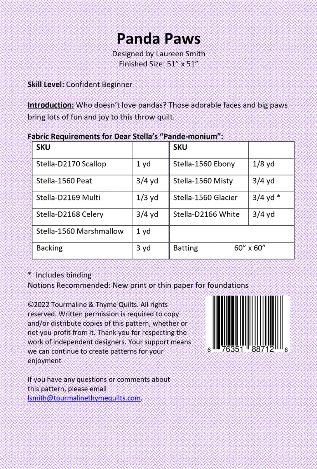 Back of the Panda Paws Quilt Pattern by Tourmaline & Thyme Quilts