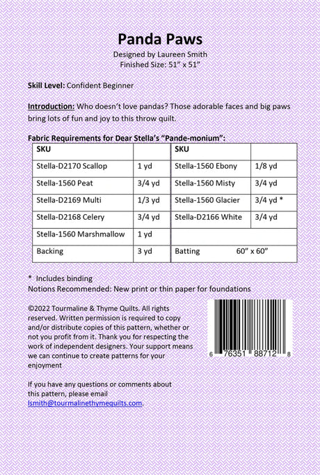 Back of the Panda Paws Quilt Pattern by Tourmaline & Thyme Quilts