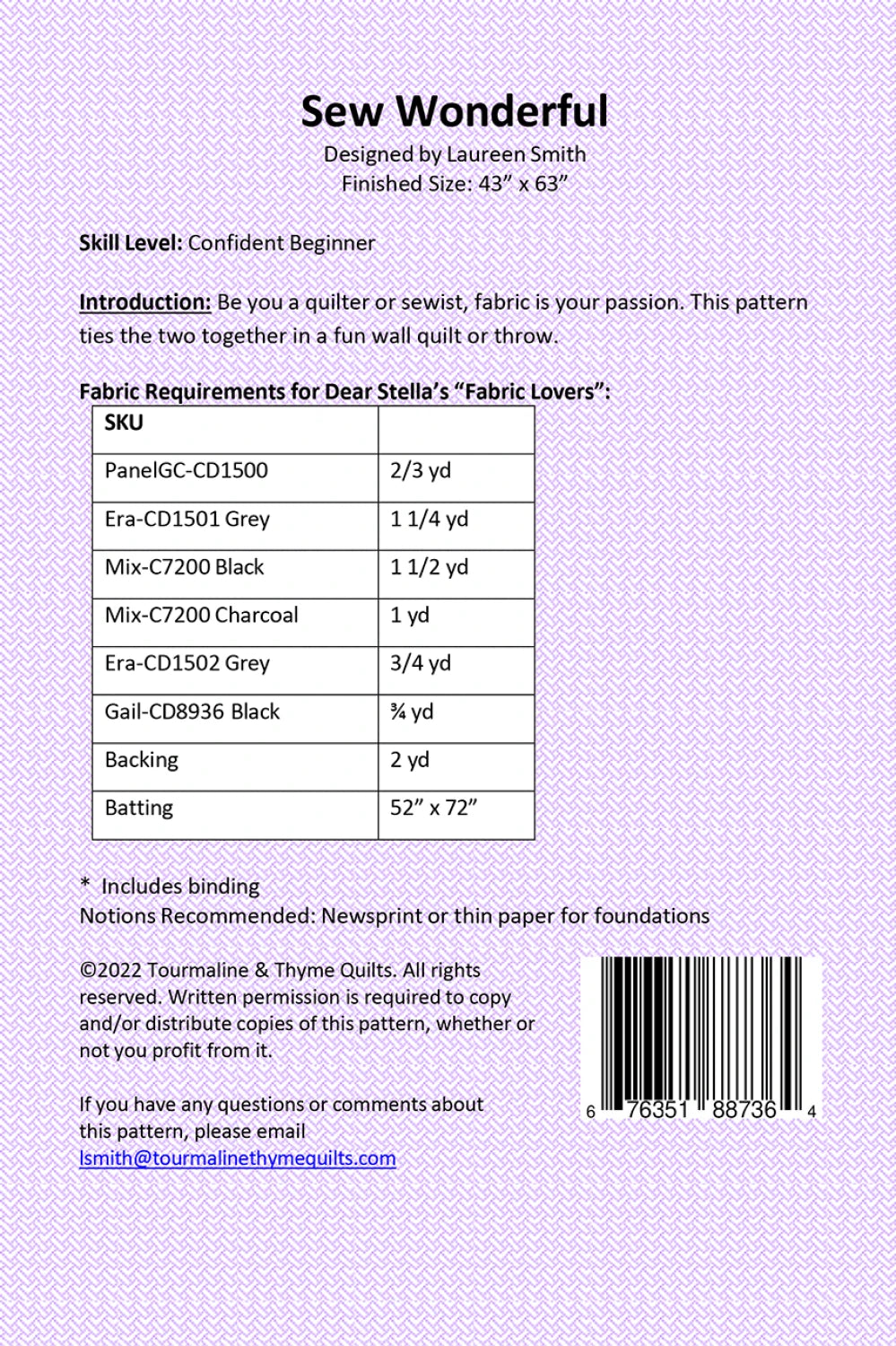 Back of the Sew Wonderful Quilt Pattern by Tourmaline & Thyme Quilts