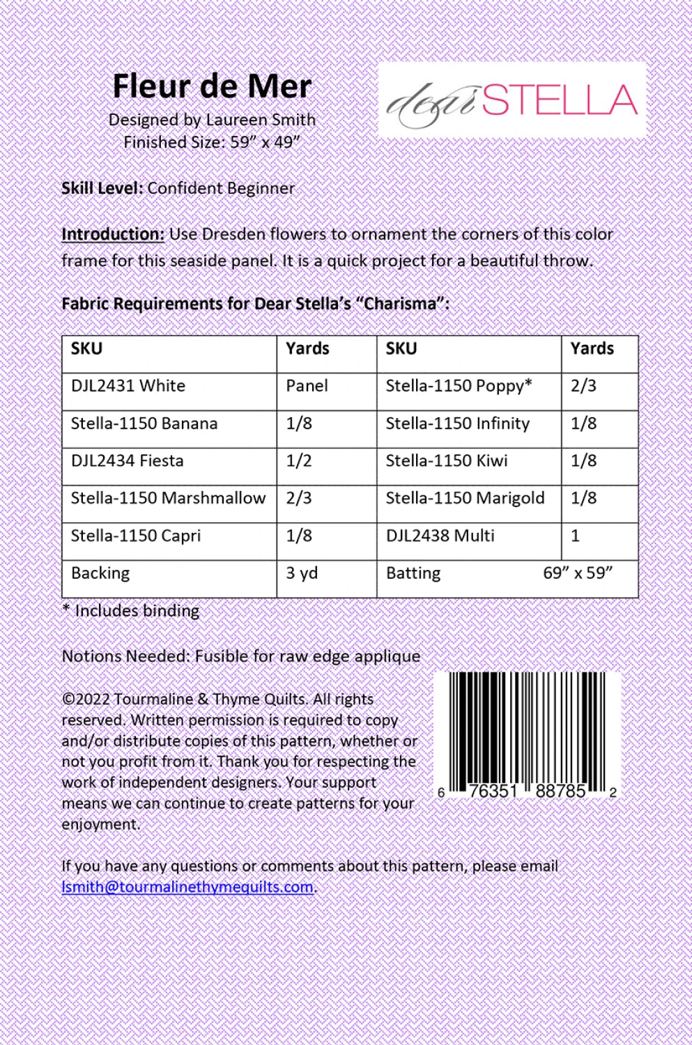 Back of the Fleur de Mer Quilt Pattern by Tourmaline & Thyme Quilts
