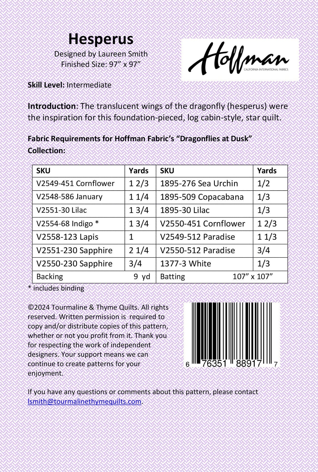 Back of the Hesperus Quilt Pattern by Tourmaline & Thyme Quilts