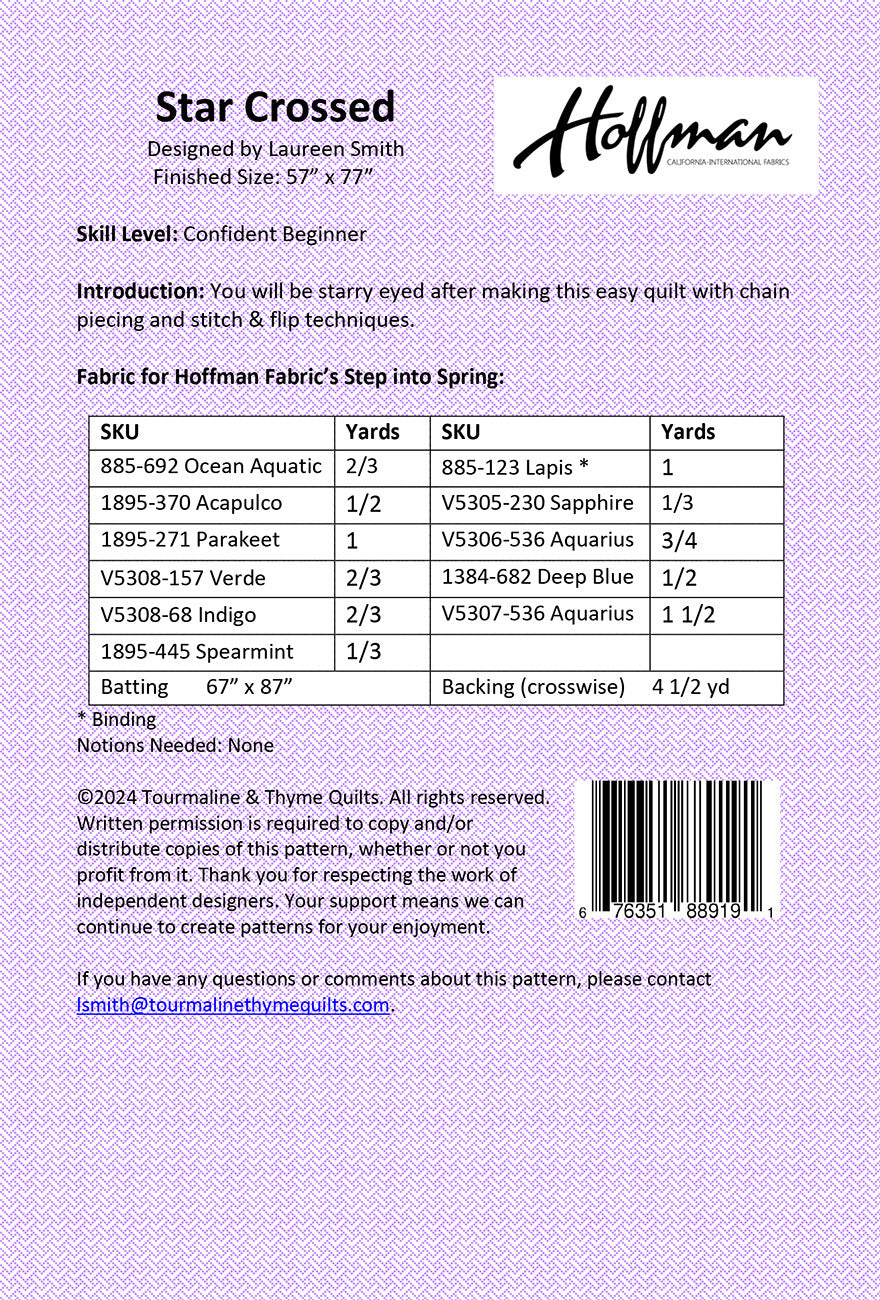 Back of the Star Crossed Quilt Pattern by Tourmaline & Thyme Quilts