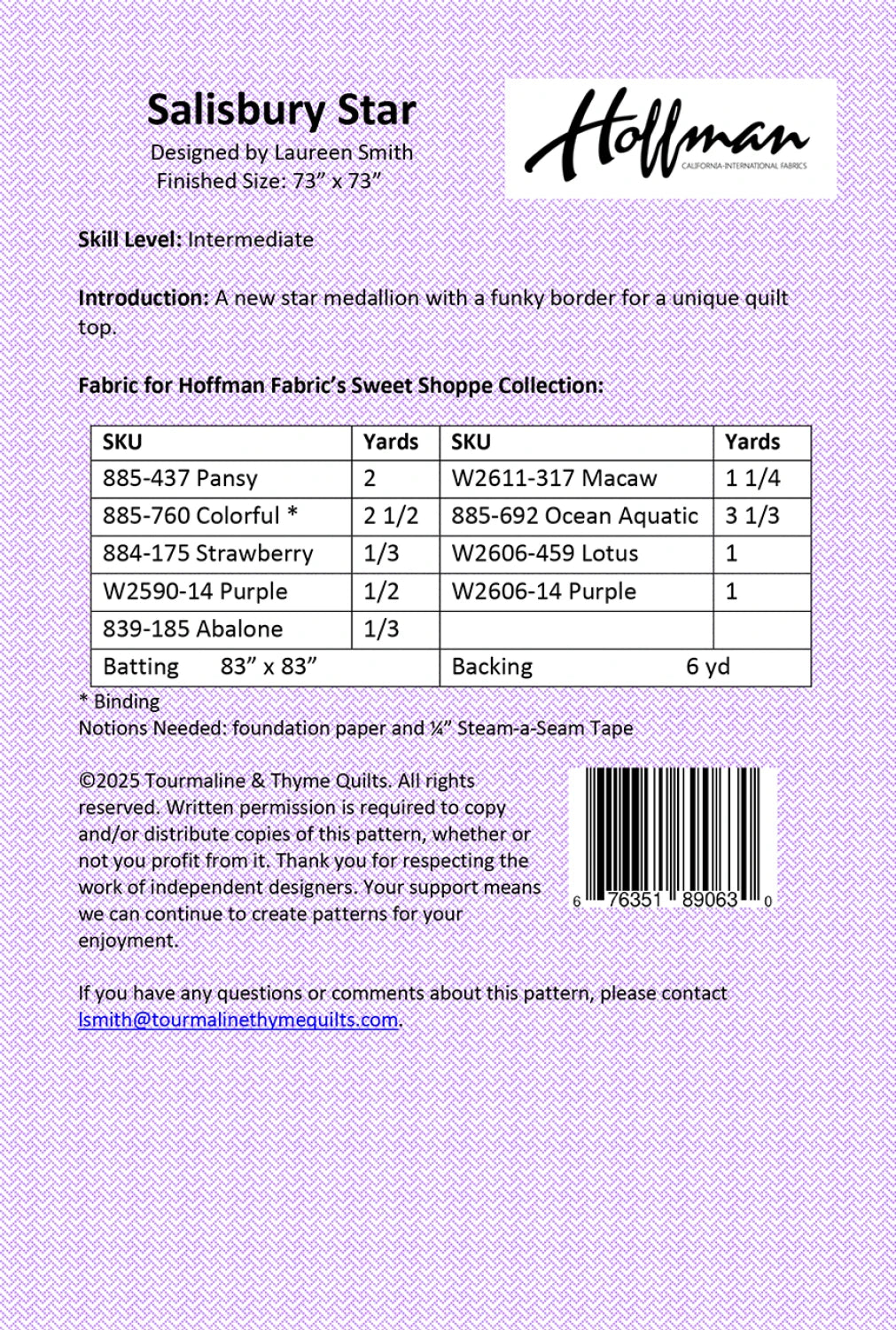 Back of the Salisbury Star Quilt Pattern by Tourmaline & Thyme Quilts