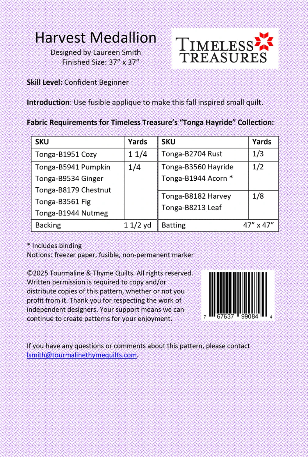 Back of the Harvest Medallion Quilt Pattern by Tourmaline & Thyme Quilts