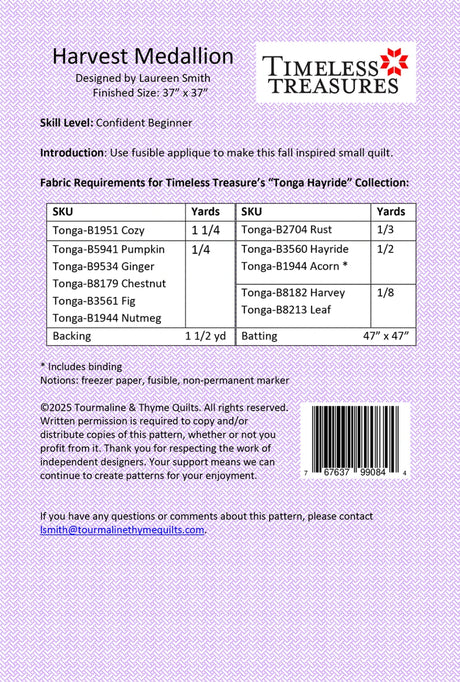 Back of the Harvest Medallion Quilt Pattern by Tourmaline & Thyme Quilts