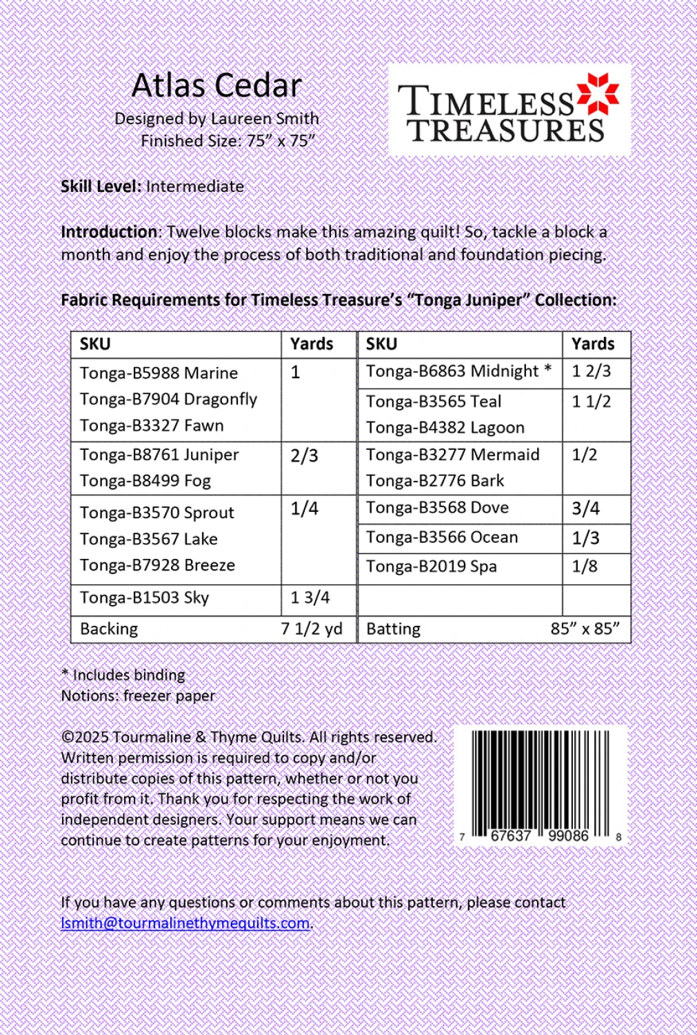 Back of the Atlas Cedar Quilt Pattern by Tourmaline & Thyme Quilts