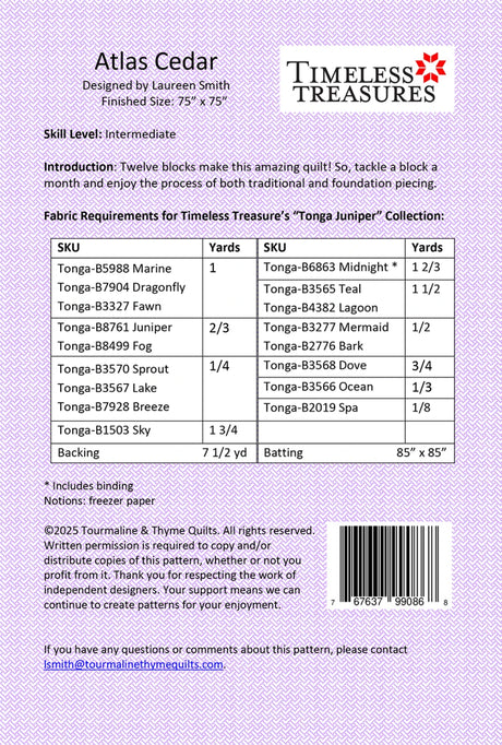 Back of the Atlas Cedar Quilt Pattern by Tourmaline & Thyme Quilts