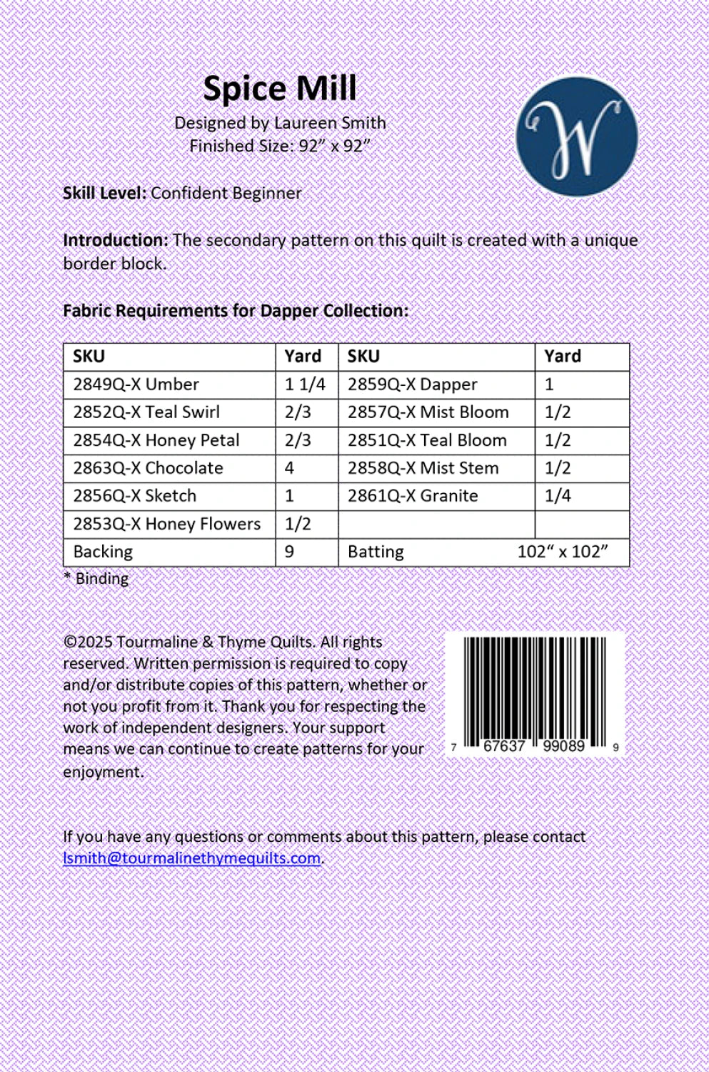 Back of the Spice Mill Quilt Pattern by Tourmaline & Thyme Quilts