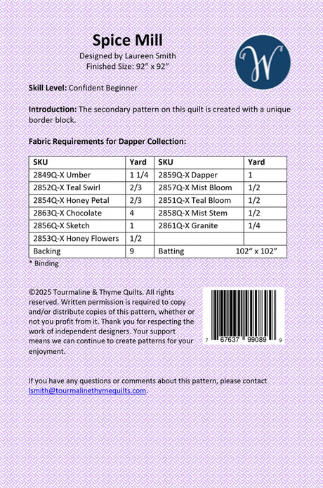 Back of the Spice Mill Quilt Pattern by Tourmaline & Thyme Quilts