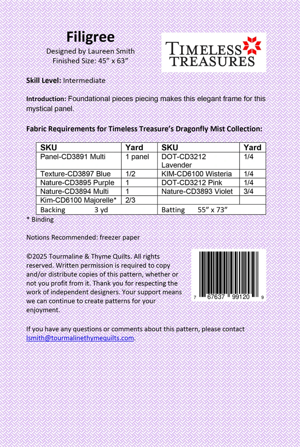 Back of the Filigree Quilt Pattern by Touramaline & Thyme