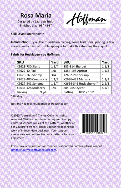 Back of the Rosa Maria Quilt Pattern by Tourmaline & Thyme Quilts