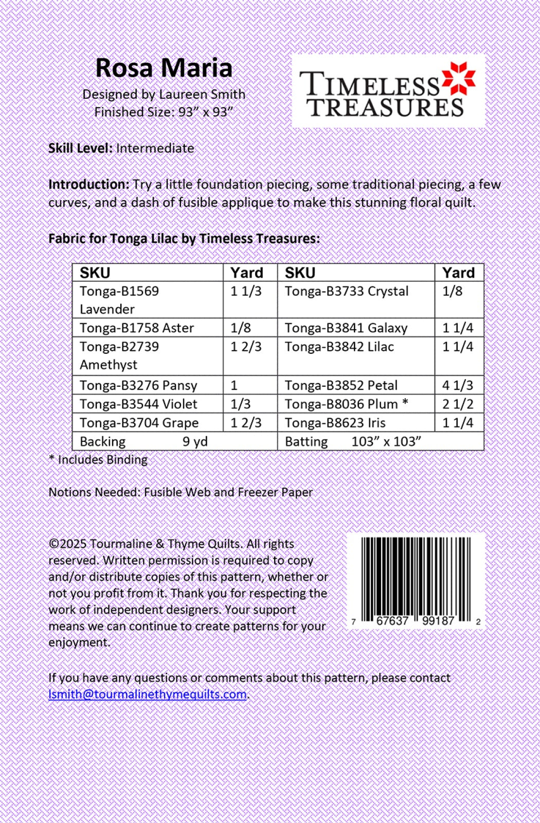 Back of the Rosa Maria Quilt Pattern by Touramaline & Thyme