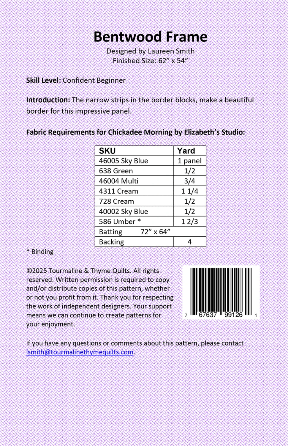 Back of the Bentwood Frame Quilt Pattern by Touramaline & Thyme