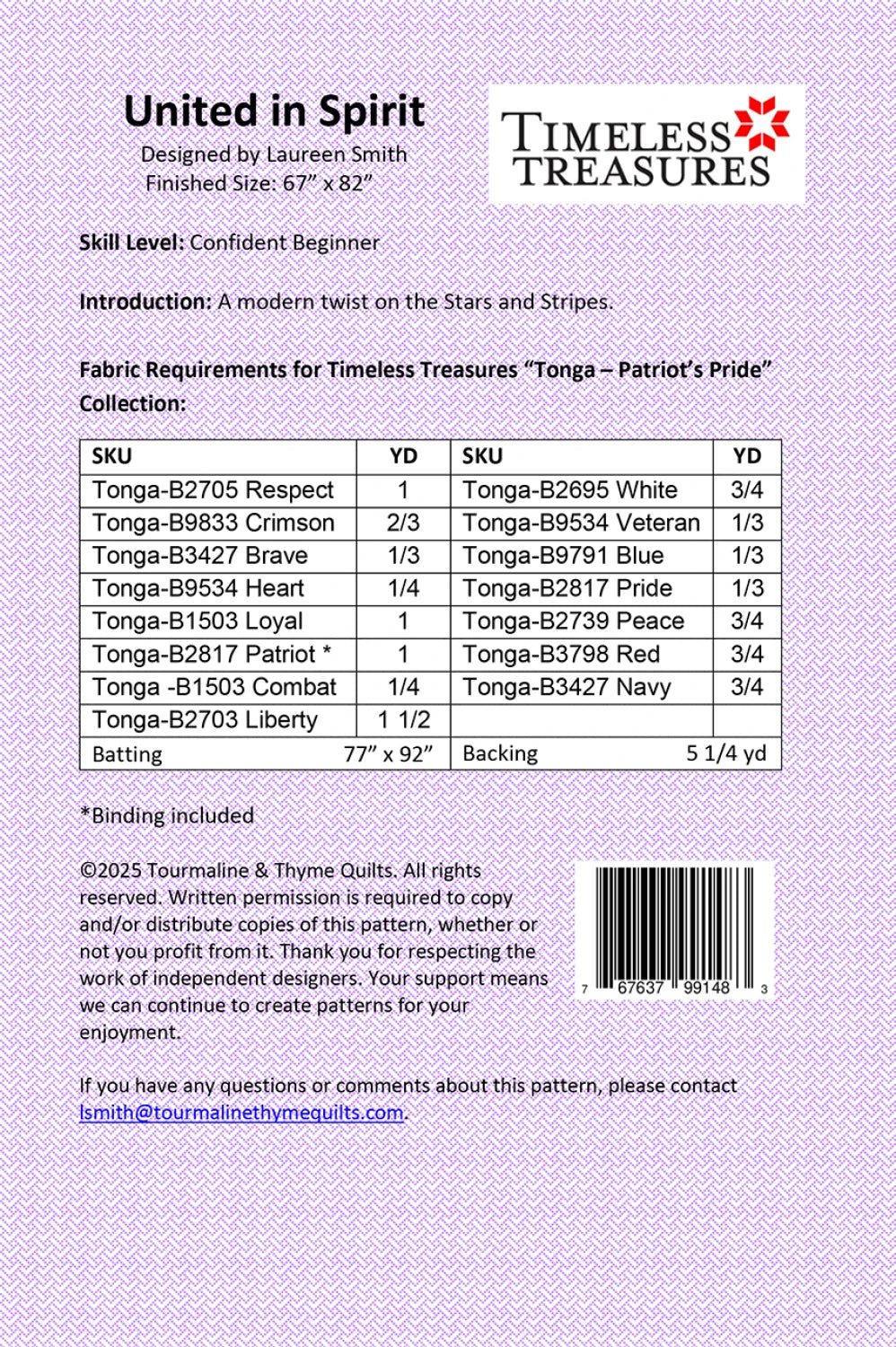 Back of the United in Spirit Quilt Pattern by Bound To Be Quilting
