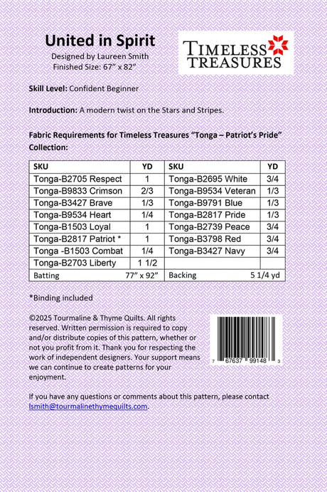Back of the United in Spirit Quilt Pattern by Bound To Be Quilting