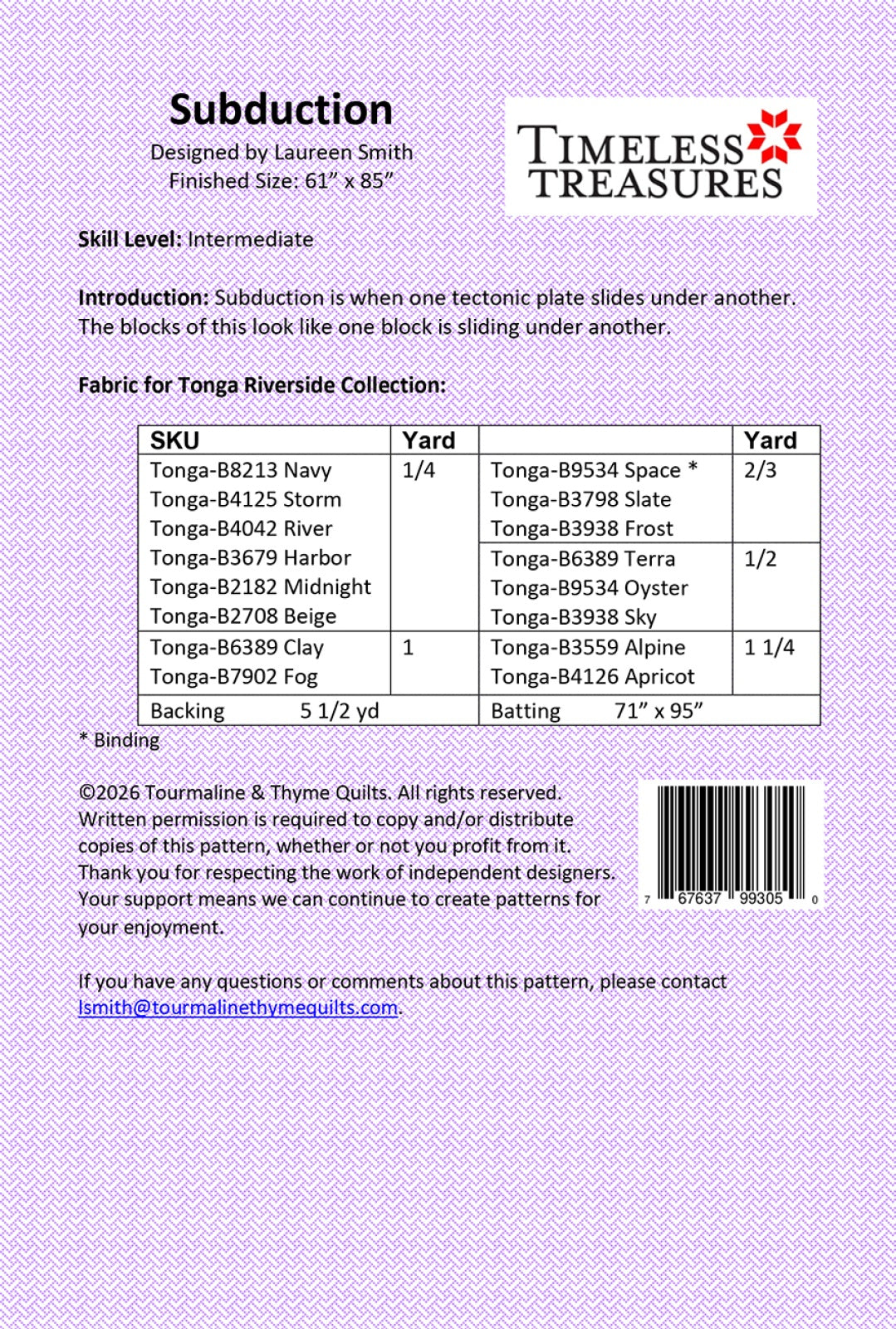 Back of the Subduction Quilt Pattern by Touramaline & Thyme