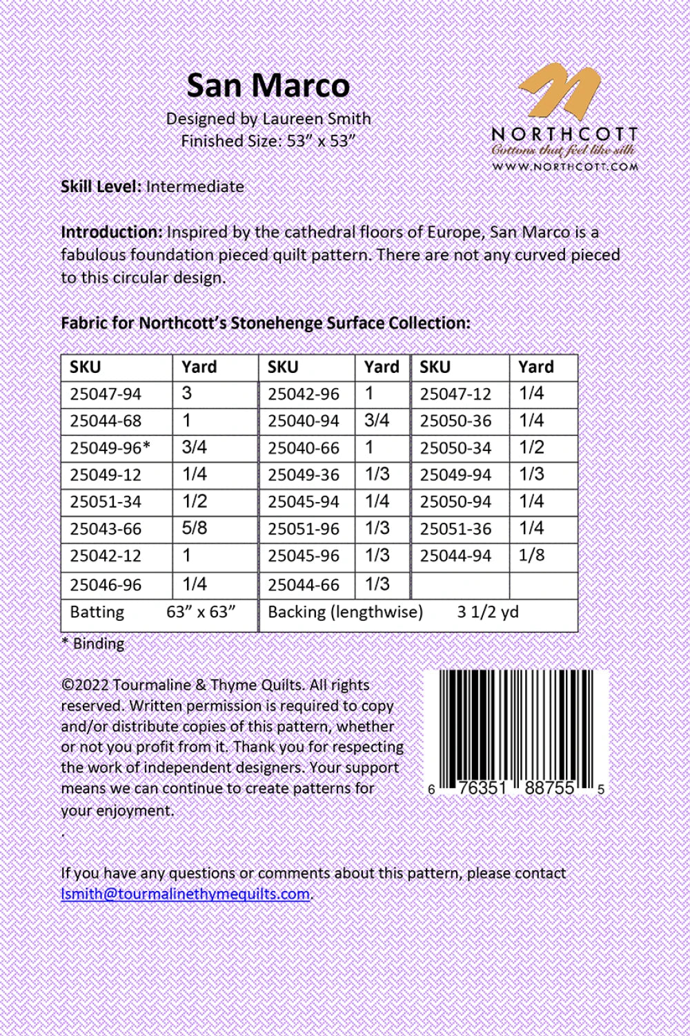 Back of the San Marco Quilt Pattern by Tourmaline & Thyme Quilts