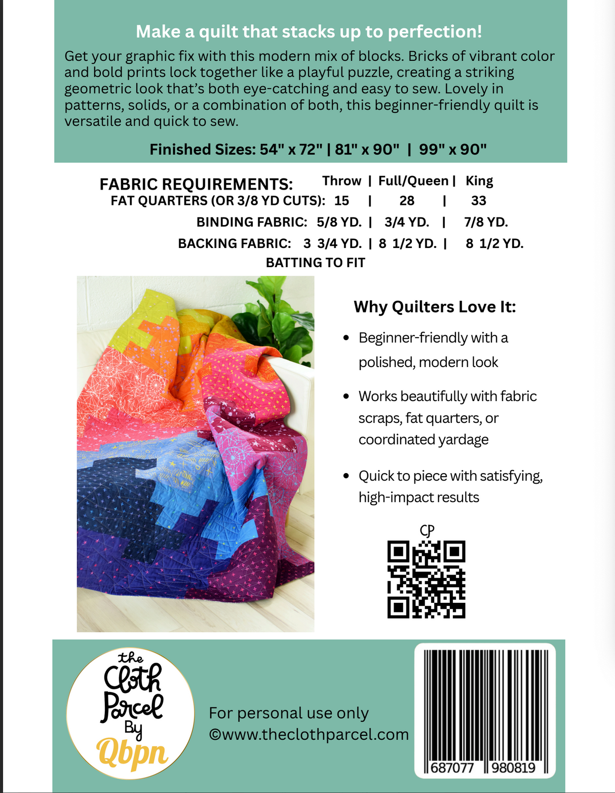 Back of the Tumbling Bricks Quilt Downloadable Pattern by Cloth Parcel