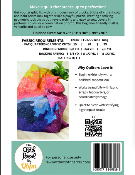 Back of the Tumbling Bricks Quilt Downloadable Pattern by Cloth Parcel