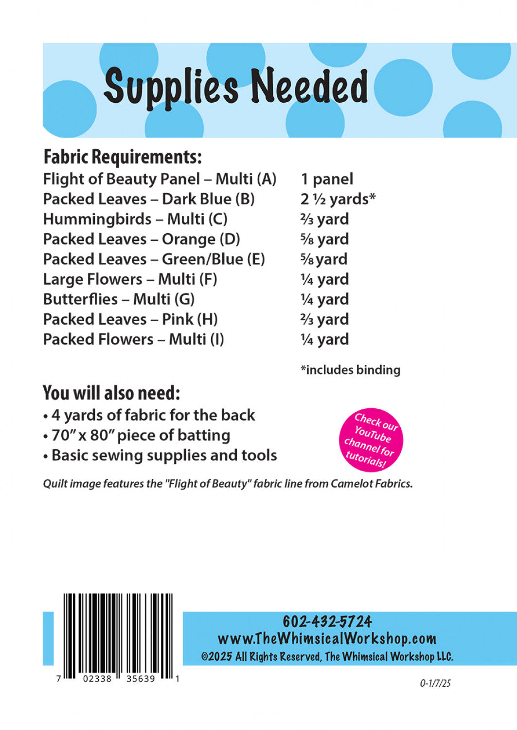 Back of the Humming Beauty Quilt Pattern by The Whimsical Workshop