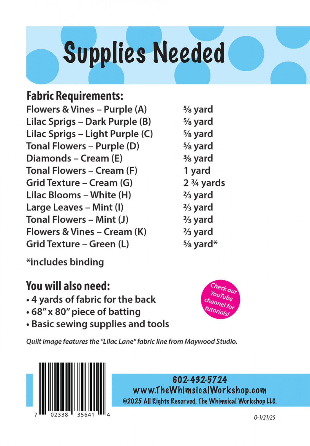 Back of the Lovely Lilacs Quilt Pattern by Whimsical Workshop