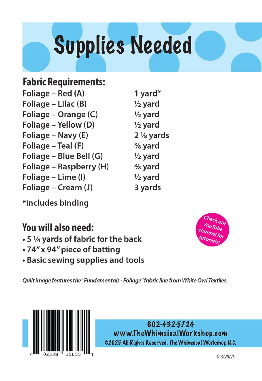 Back of the Color Fusion Quilt Pattern by The Whimsical Workshop