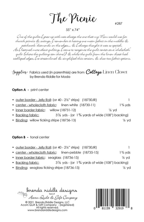 Back of the The Picnic Quilt Pattern by Brenda Riddle Designs