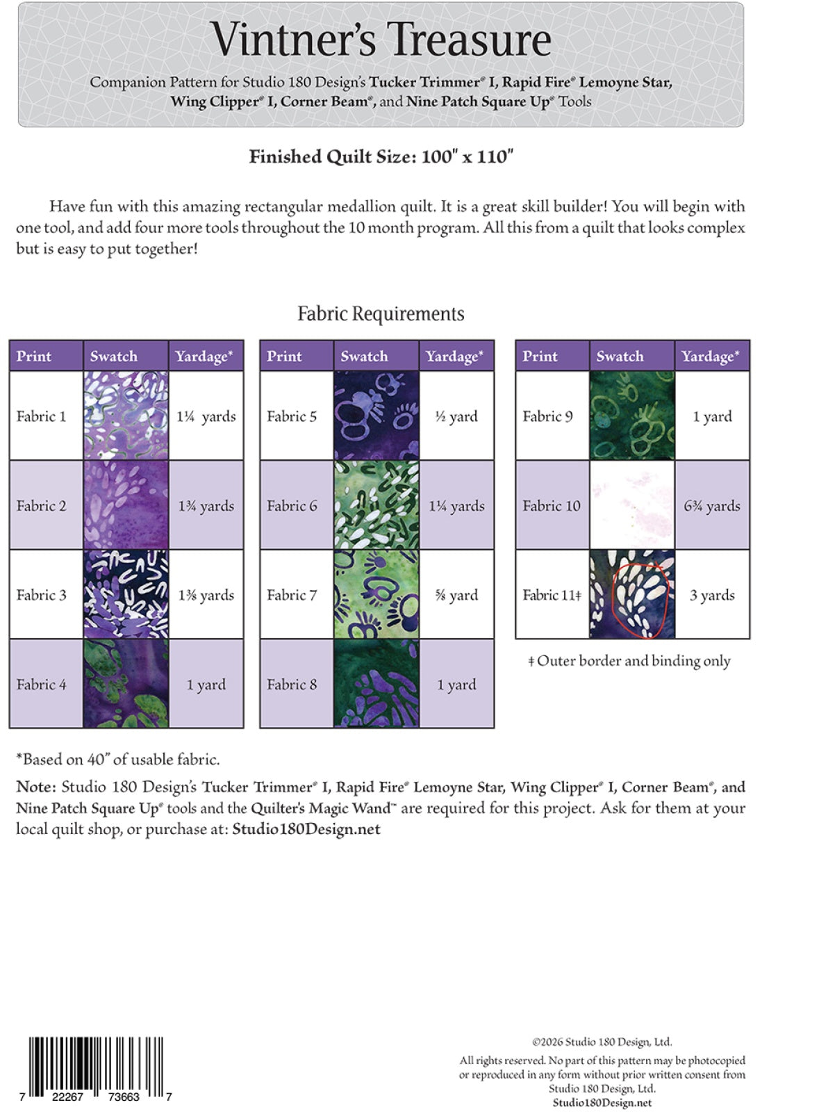 Back of the Vintner's Treasure Quilt Pattern by Studio 180 Design