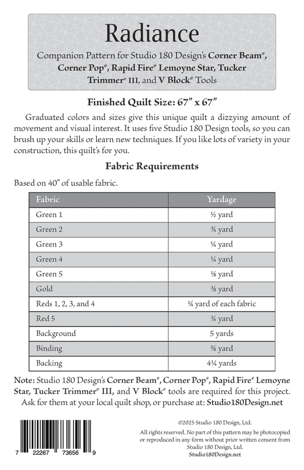 Back of the Radiance Quilt Pattern by Studio 180 Designs