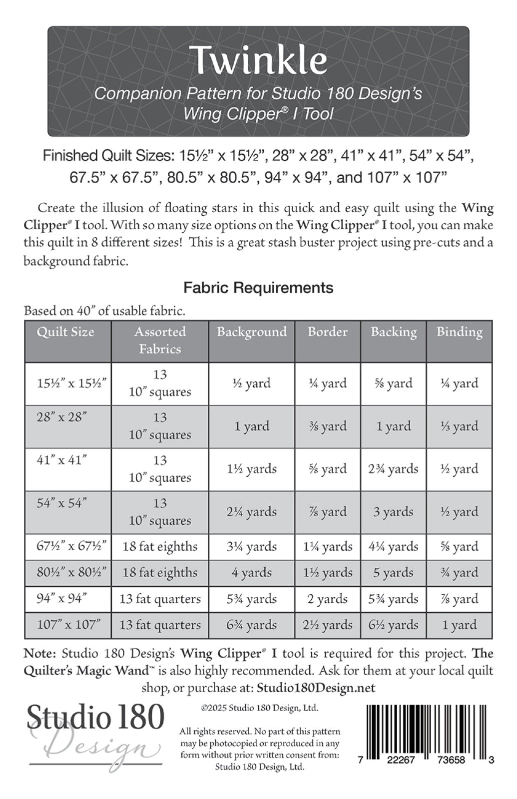 Back of the Twinkle Quilt Pattern by Studio 180 Design