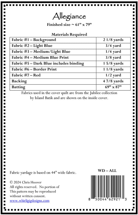 Back of the Allegiance Quilt Pattern by Whirligig Designs