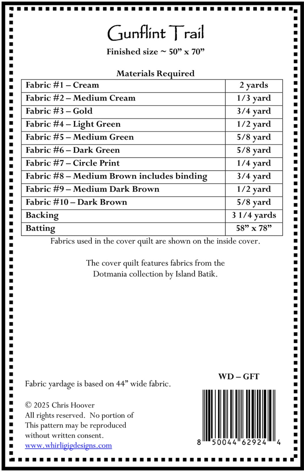 Back of the Gunflint Trail Quilt Pattern by Whirligig Designs