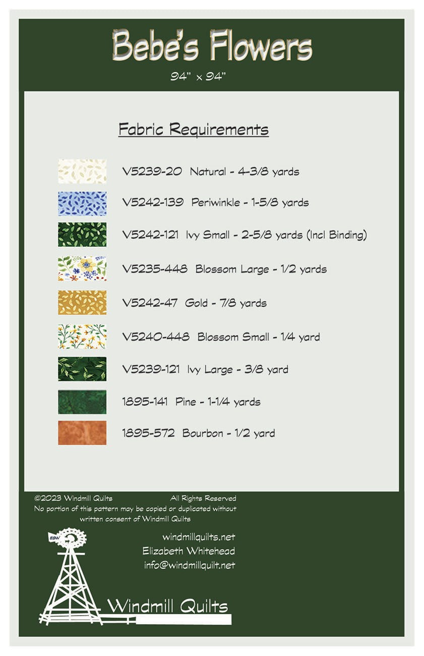 Back of the Bebe's Flowers Quilt Pattern by Windmill Quilts