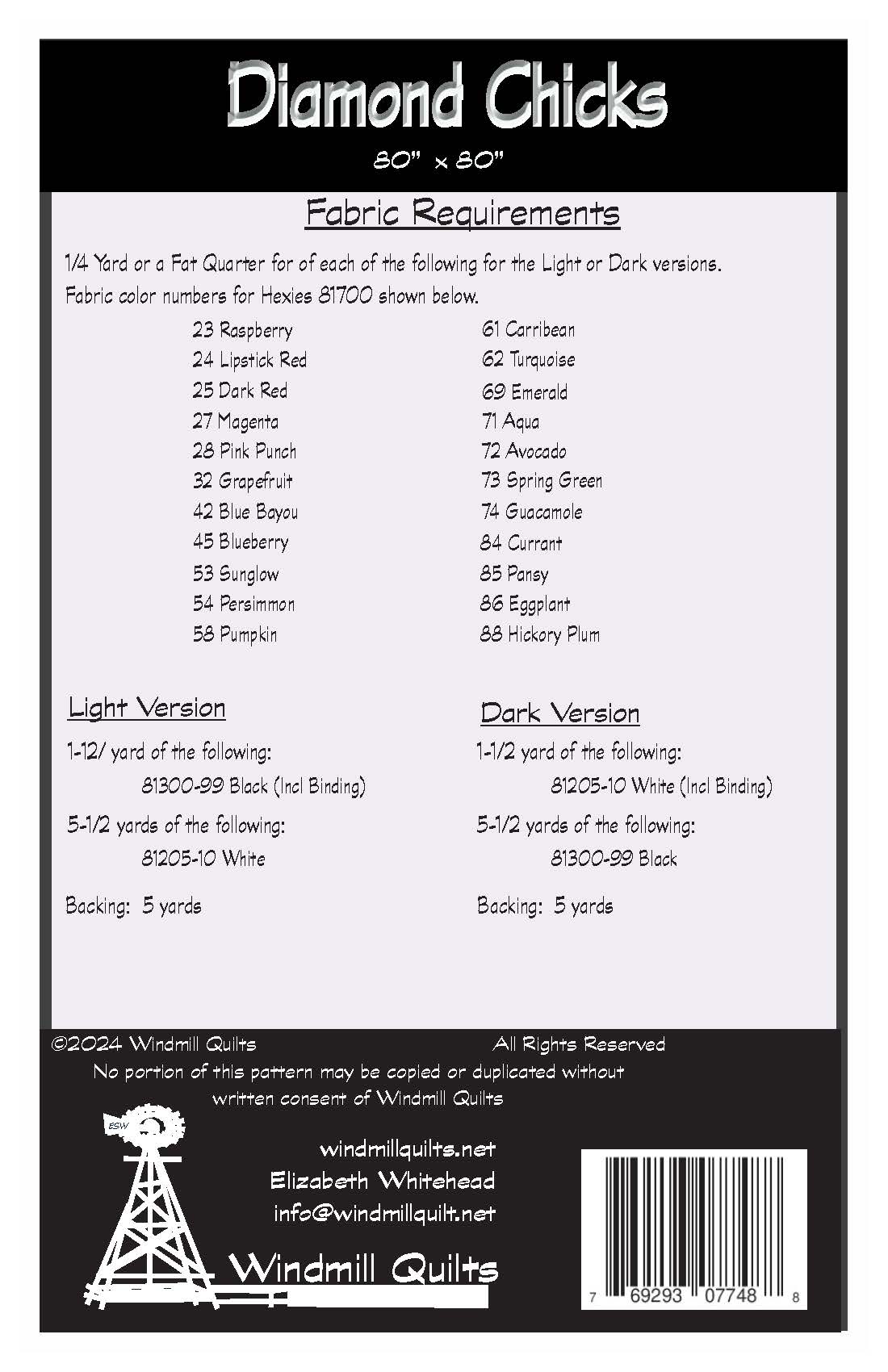 Back of the Diamond Chicks Downloadable Pattern by Windmill Quilts