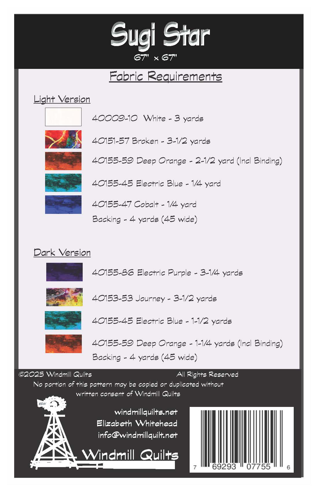 Back of the Sugi Star Downloadable Pattern by Windmill Quilts