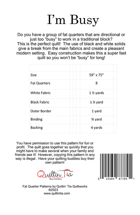 Back of the I'm Busy Fat Quarter Quilt Pattern by Quiltin' Tia Quiltworks