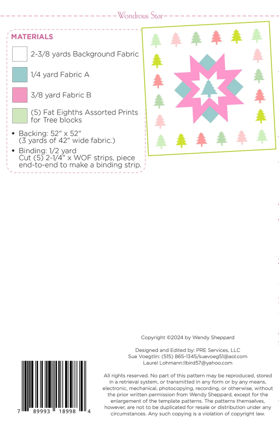 Back of the Wondrous Star Quilt Pattern by Wendy Sheppard