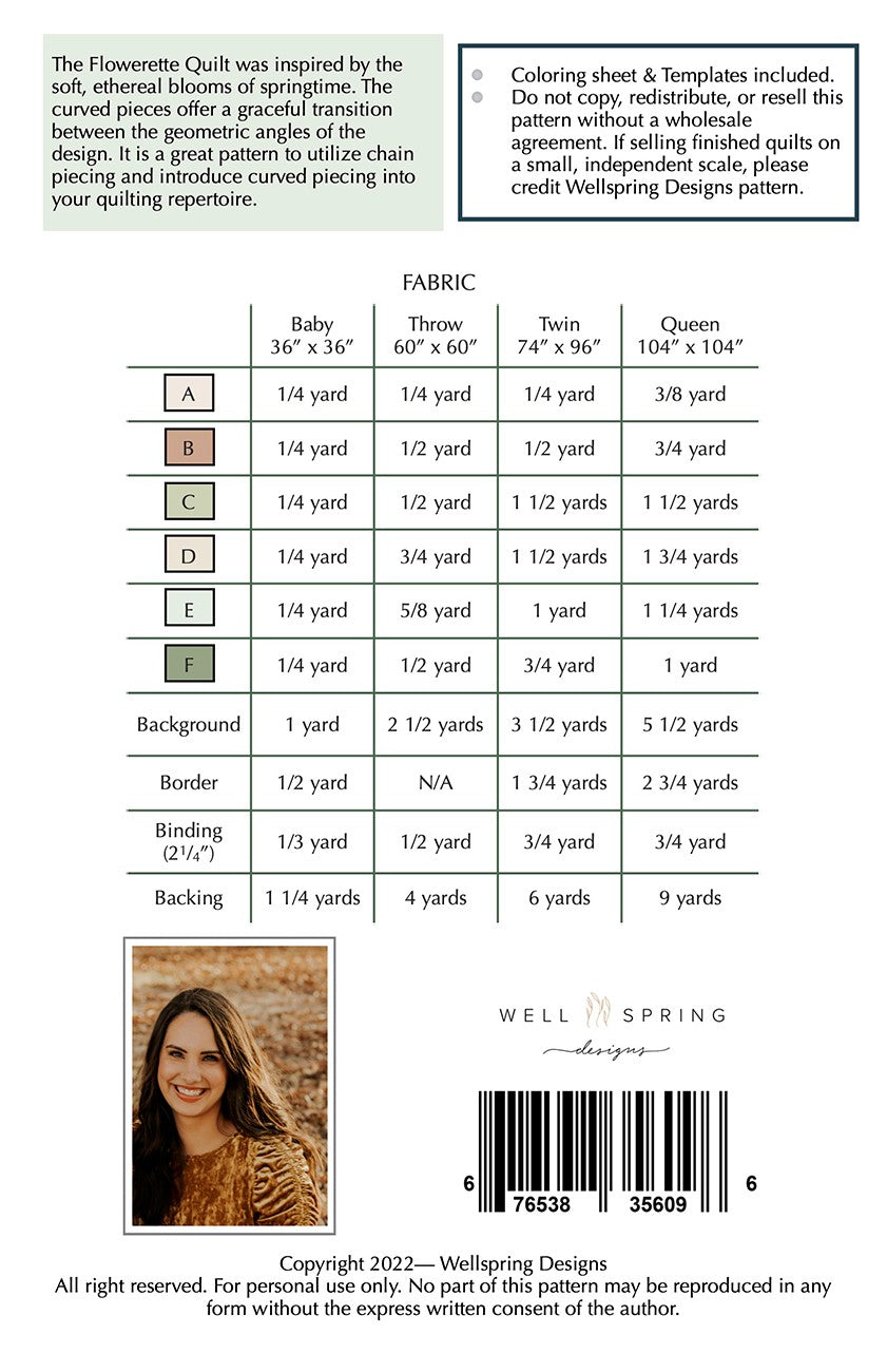 Back of the Flowerette Quilt Pattern by Wellspring Designs