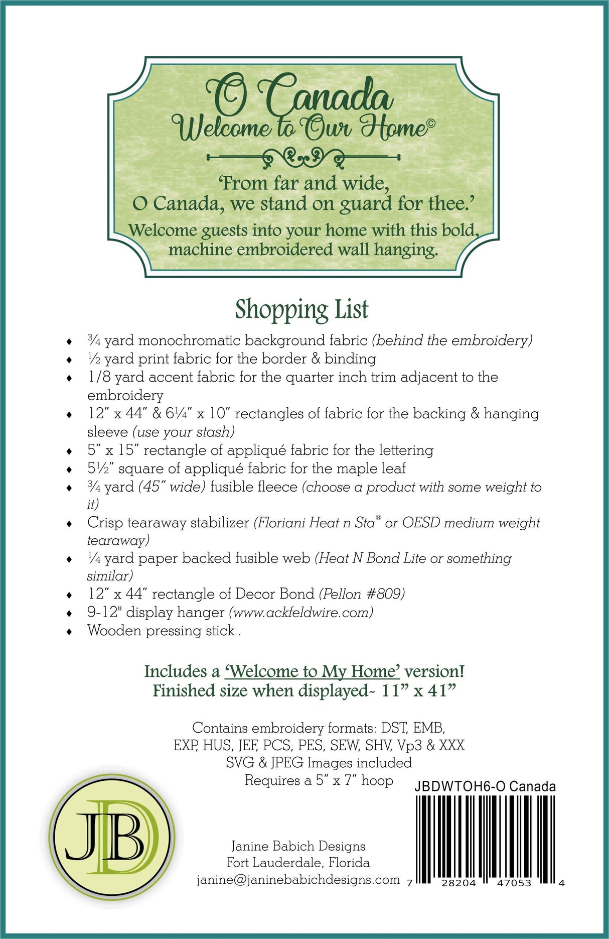 Back of the O Canada Downloadable Pattern by Janine Babich Designs