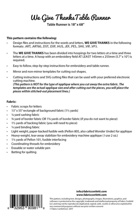 Back of the We Give Thanks Table Runner Pattern