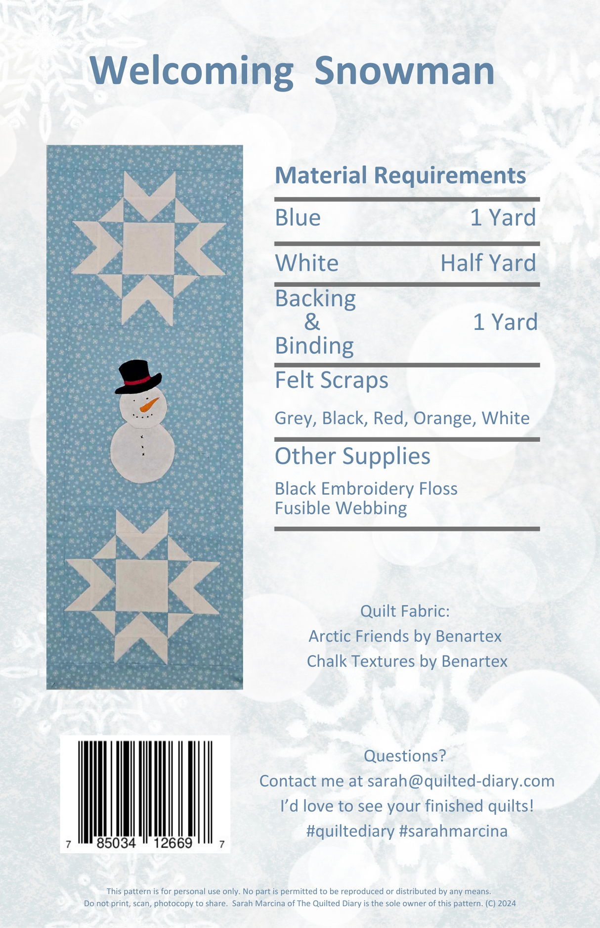 Back of the Welcoming Snowman Downloadable Pattern by A Quilted Diary