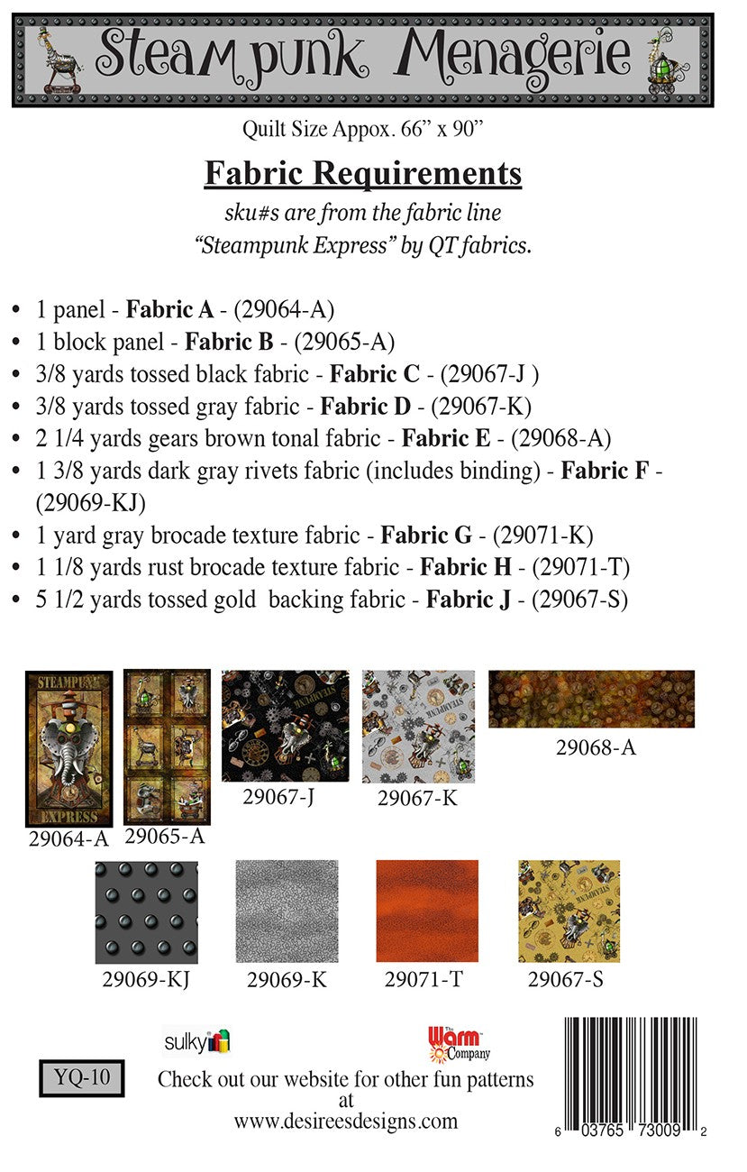 Back of the Steampunk Menagerie Quilt Pattern by Desirees Designs