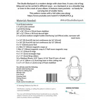 Studio Backpack Sewing Pattern by Sewing Patterns by Mrs H