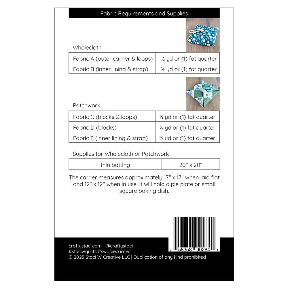 Back of the Pie Carrier Downloadable Pattern by Staci W Quilts