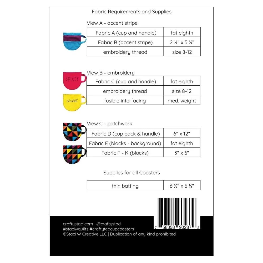 Back of the Teacup Coasters Downloadable Pattern by Staci W Quilts