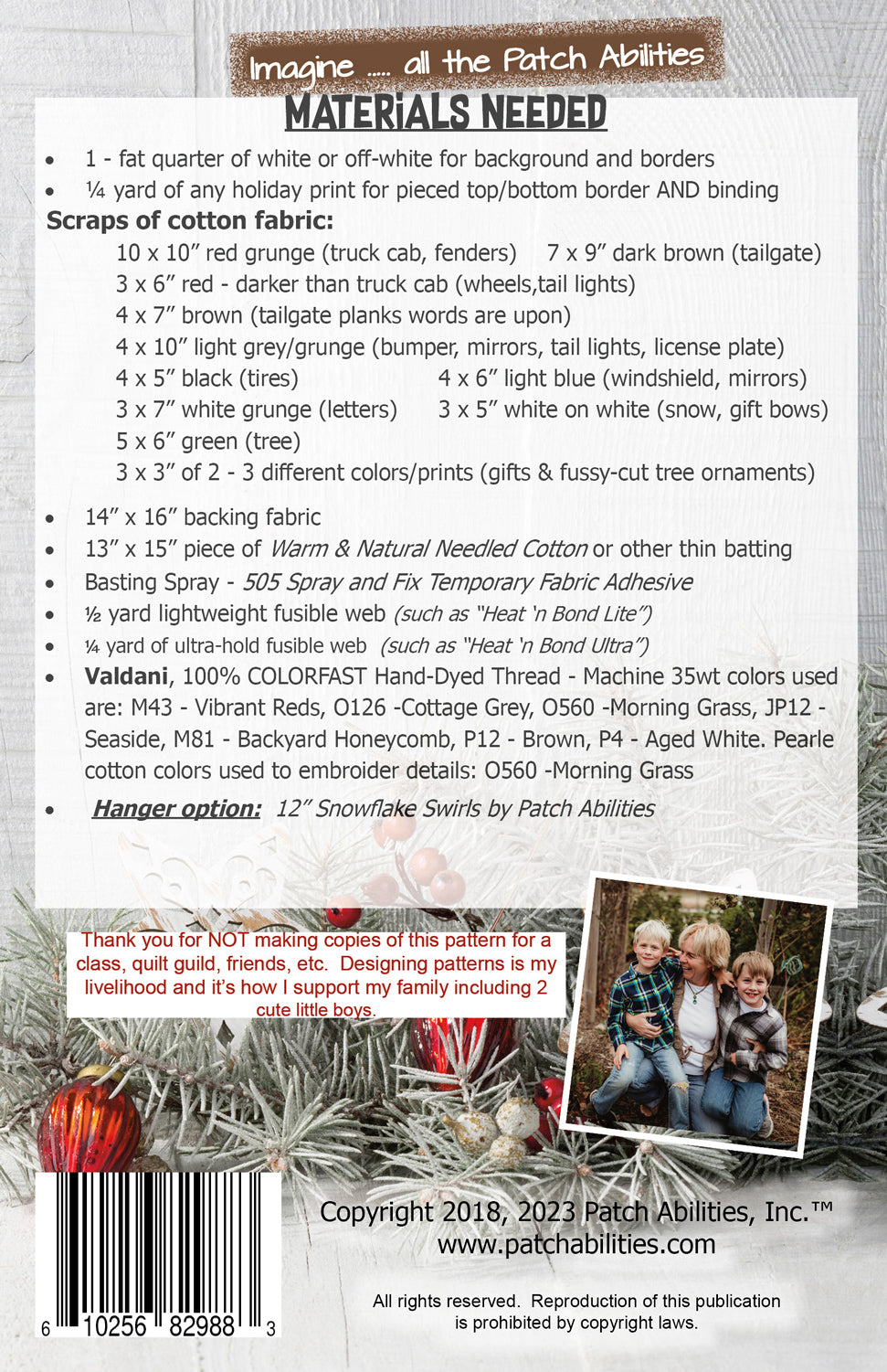 back of the Merry Christmas Little Truck Downloadable Pattern by Patch Abilities